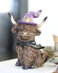 Halloween Highland Cow with Witch Hat and Scarf