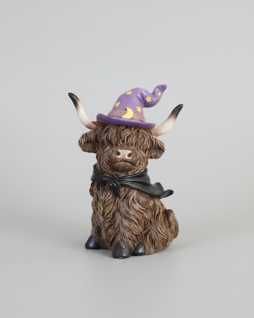 Halloween Highland Cow with Witch Hat and Scarf
