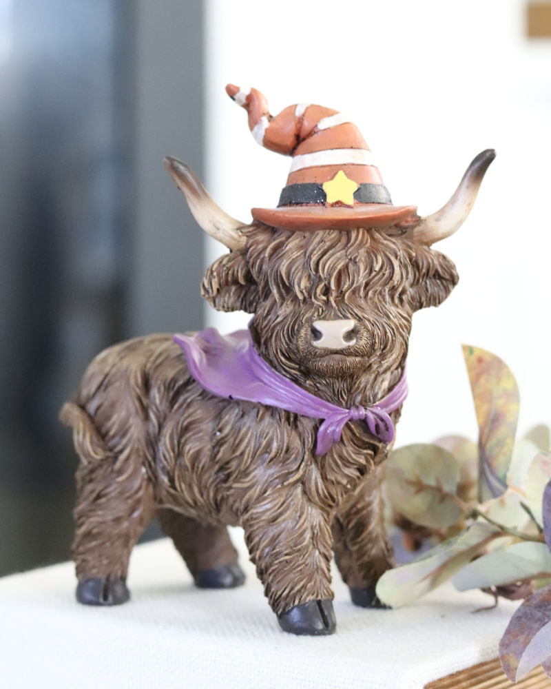 Halloween Highland Cow with Witch Hat and Scarf