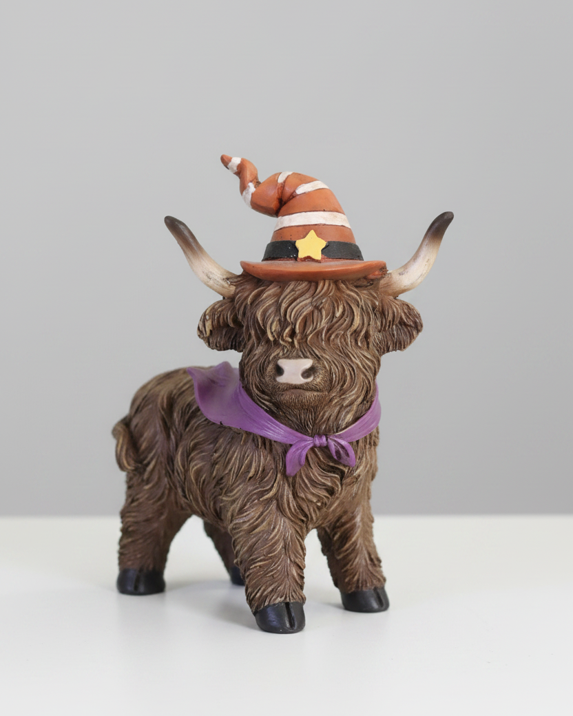 Halloween Highland Cow with Witch Hat and Scarf