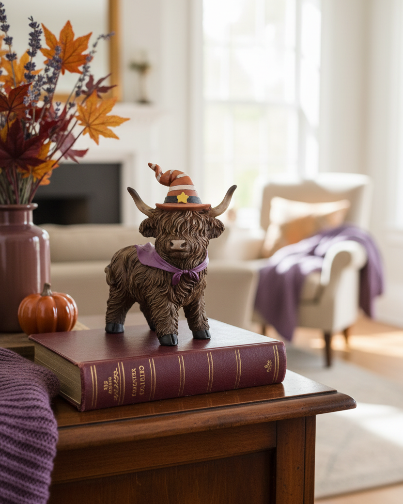 Halloween Highland Cow with Witch Hat and Scarf