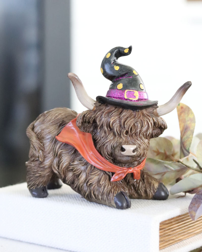 Halloween Highland Cow with Witch Hat and Scarf