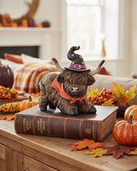 Halloween Highland Cow with Witch Hat and Scarf