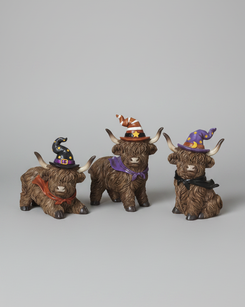 Halloween Highland Cow with Witch Hat and Scarf