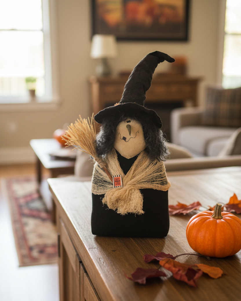 Handmade Witch With Veil and Broom