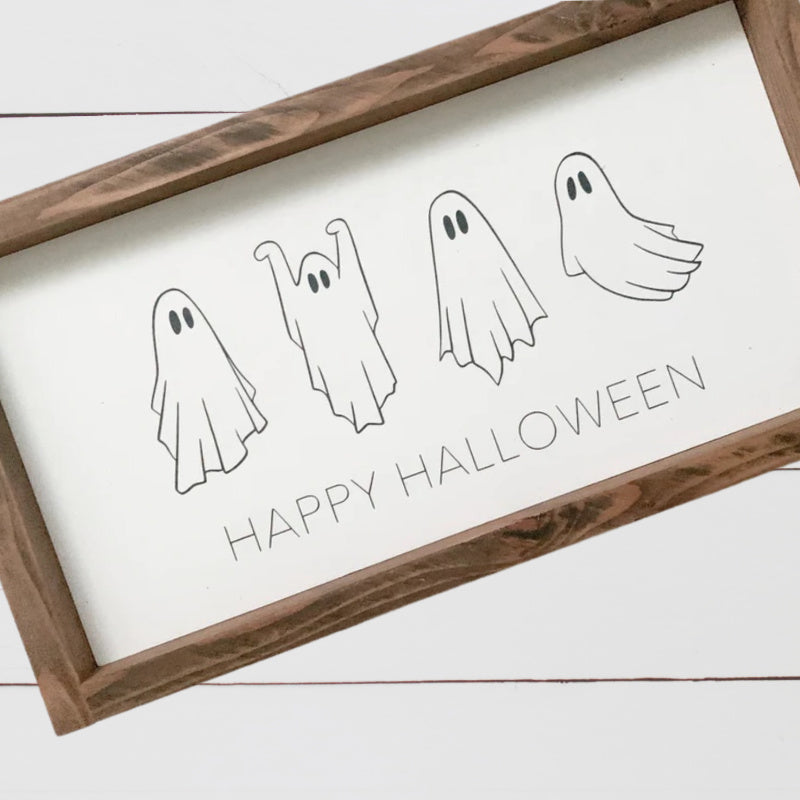 Happy Halloween Ghost Wood Sign White