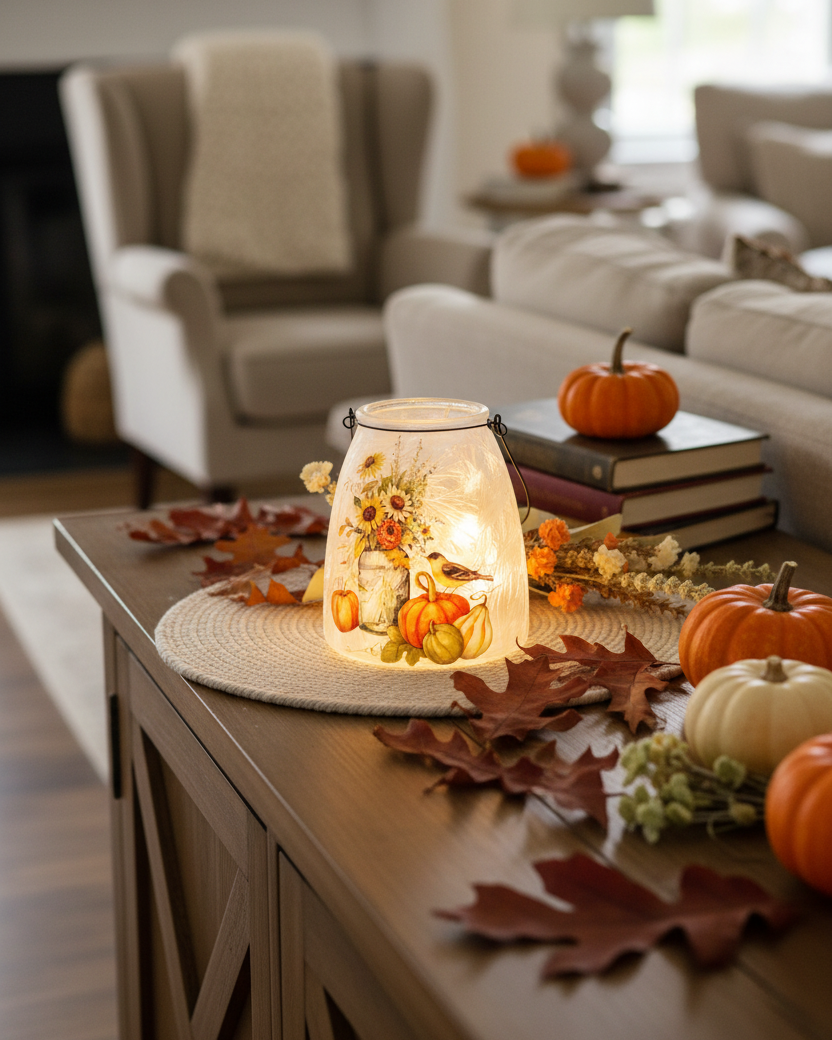Lighted Frosted Glass Harvest Design Lantern