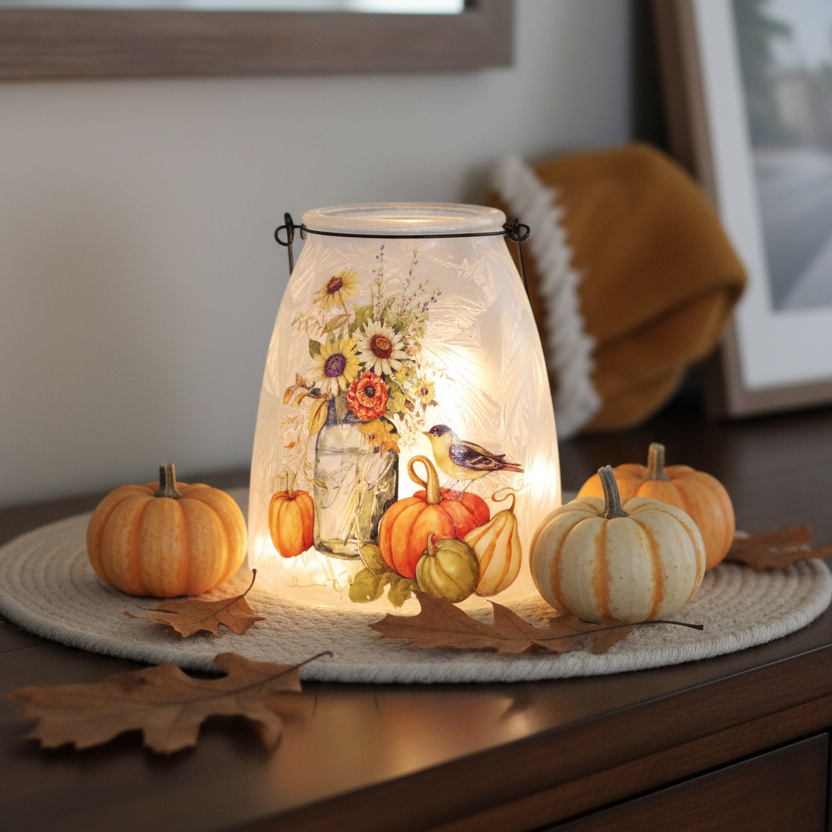 Lighted Frosted Glass Harvest Design Lantern