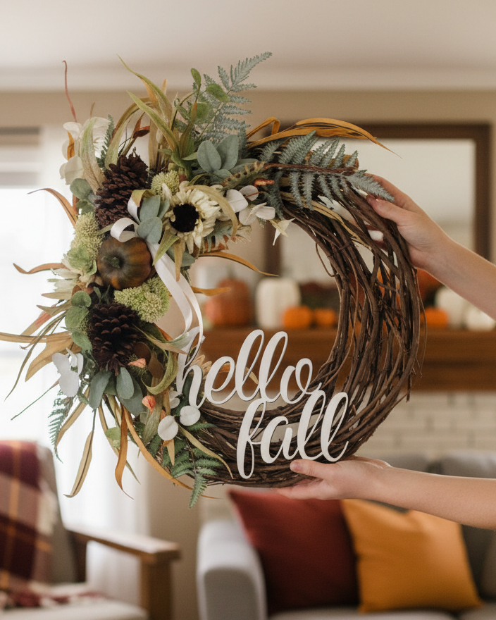 Hello Fall White Sunflower and Sedum Wreath
