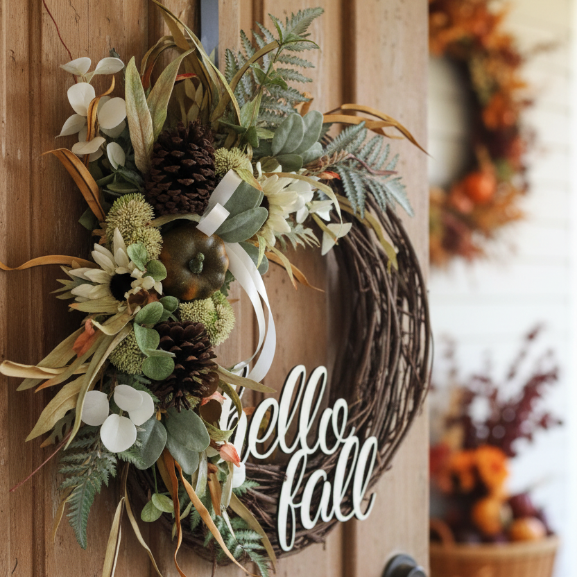 Hello Fall White Sunflower and Sedum Wreath