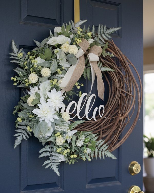 Hello White Dahlia and Yellow Allium Fern Wreath