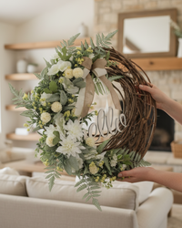 Hello White Dahlia and Yellow Allium Fern Wreath