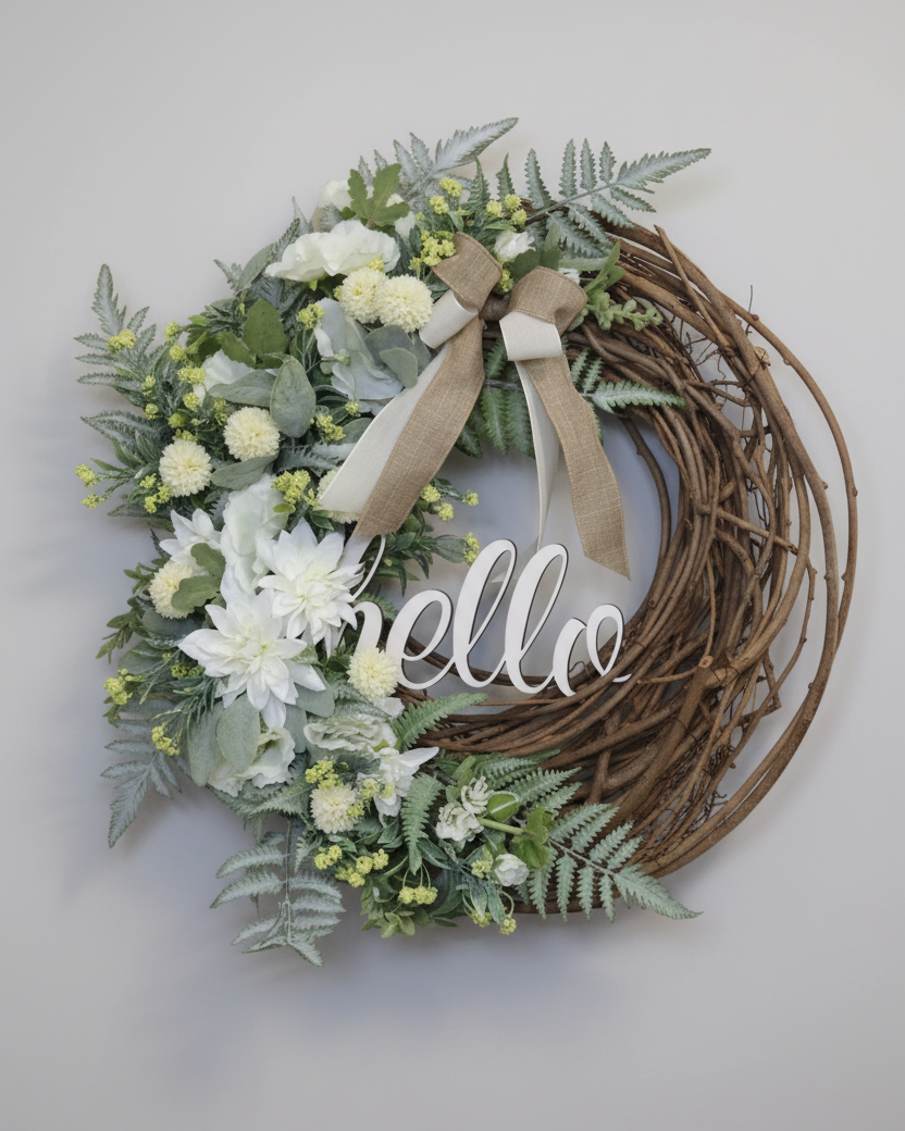 Hello White Dahlia and Yellow Allium Fern Wreath