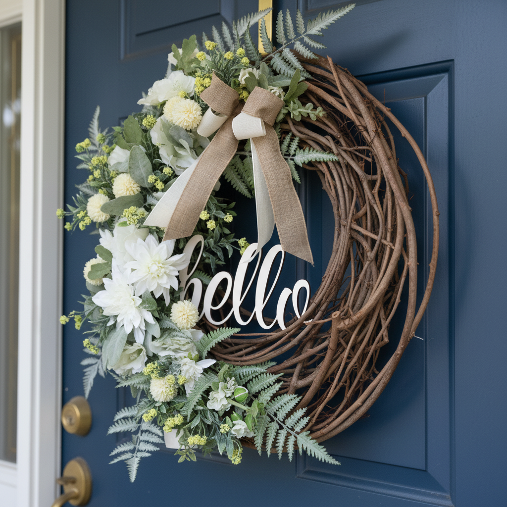 Hello White Dahlia and Yellow Allium Fern Wreath