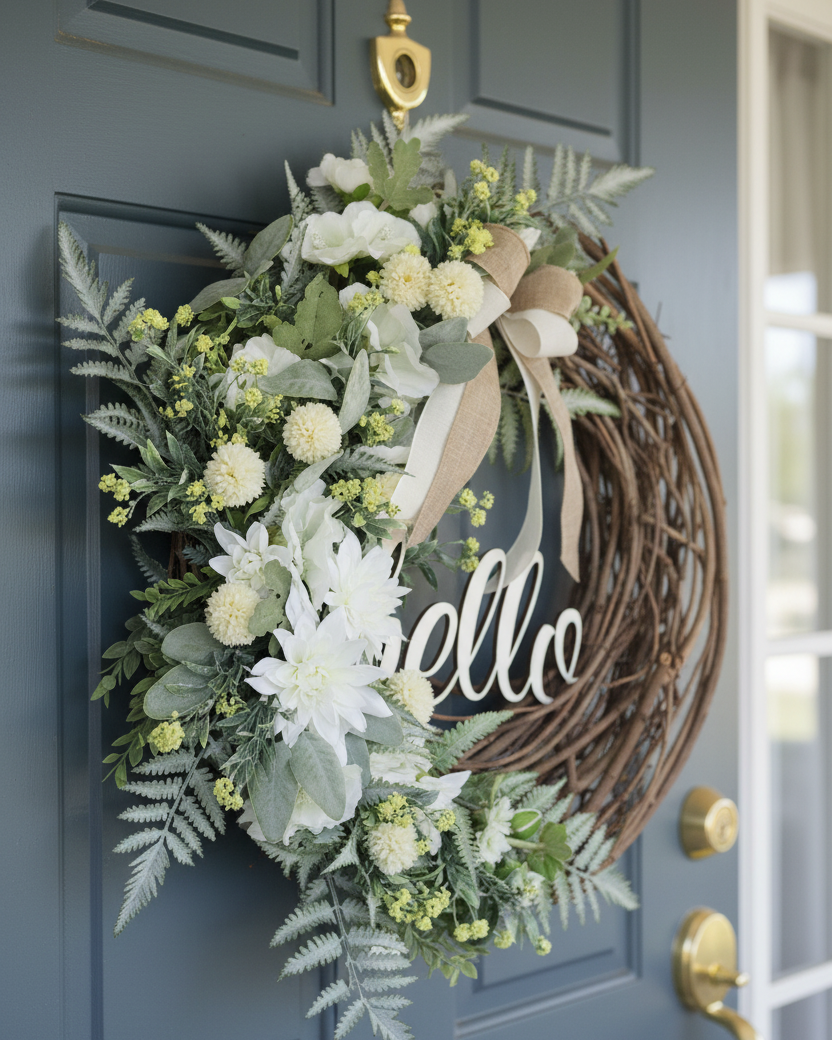 Hello White Dahlia and Yellow Allium Fern Wreath