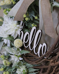 Hello White Dahlia and Yellow Allium Fern Wreath