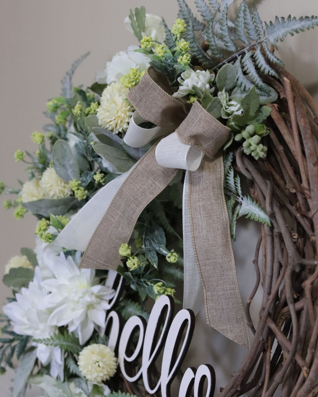 Hello White Dahlia and Yellow Allium Fern Wreath