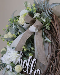 Hello White Dahlia and Yellow Allium Fern Wreath