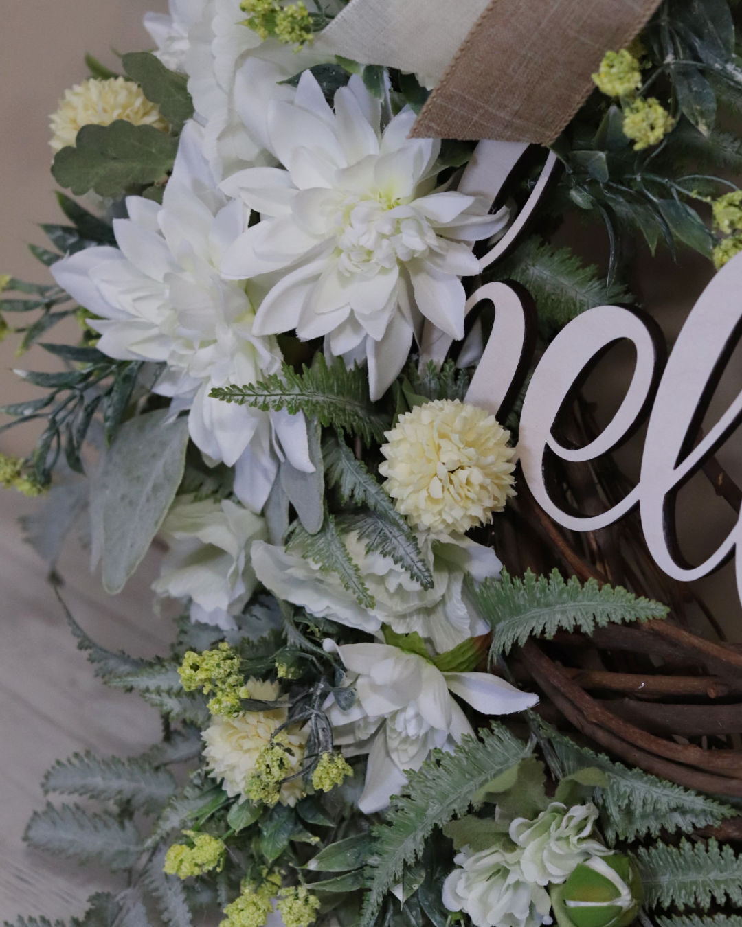 Hello White Dahlia and Yellow Allium Fern Wreath