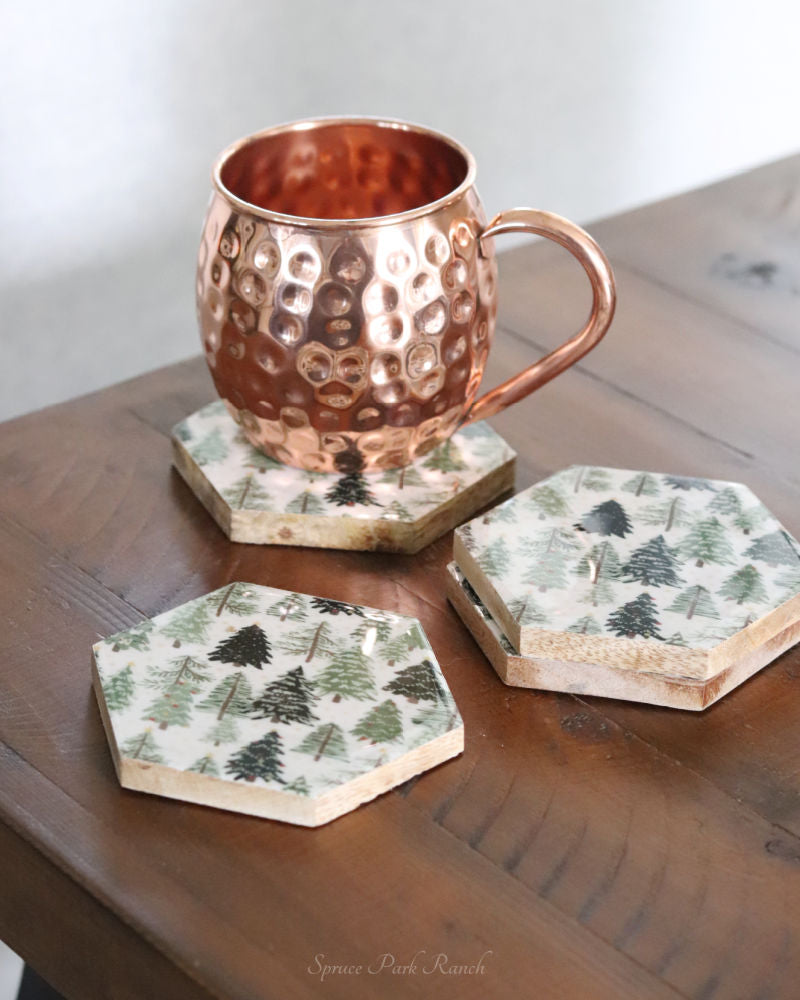 Hexagon Christmas Trees Enameled Coaster Set