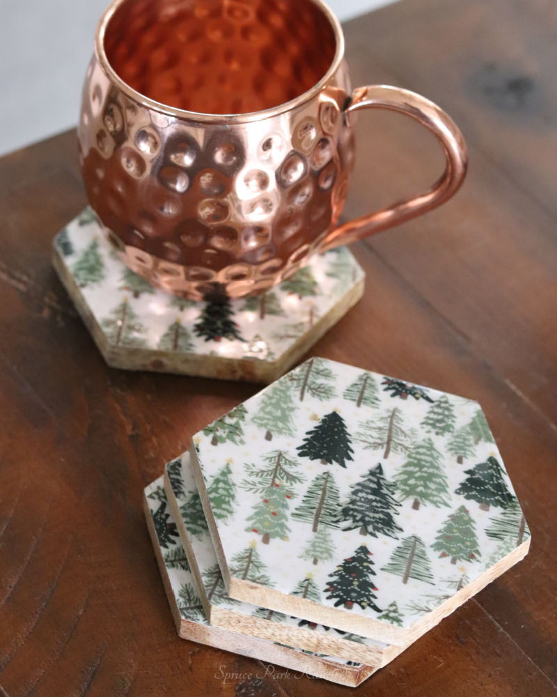Hexagon Christmas Trees Enameled Coaster Set