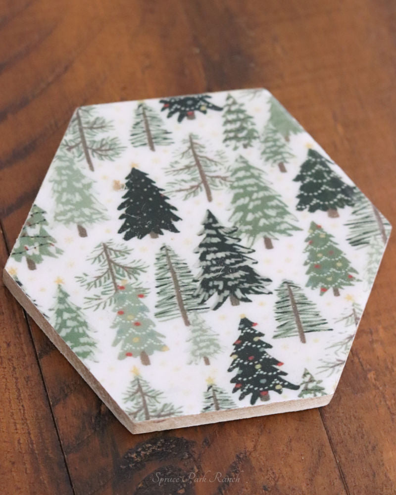 Hexagon Christmas Trees Enameled Coaster Set