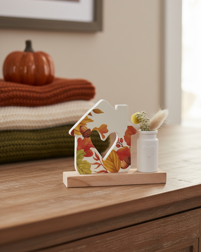 House With Heart and Vase Fall Leaves