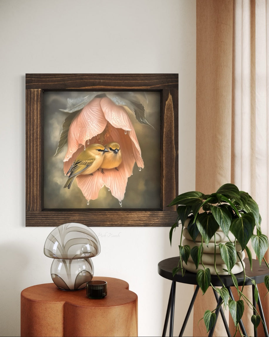 Birds In Pink Flower Canvas Print