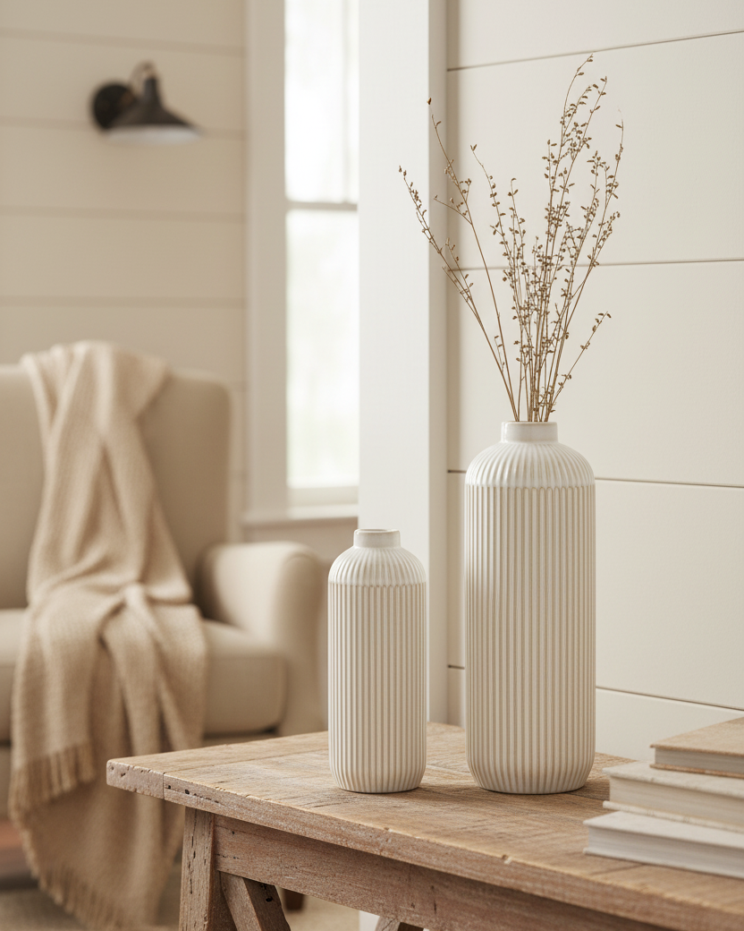 White Line Engraved Ceramic Vase