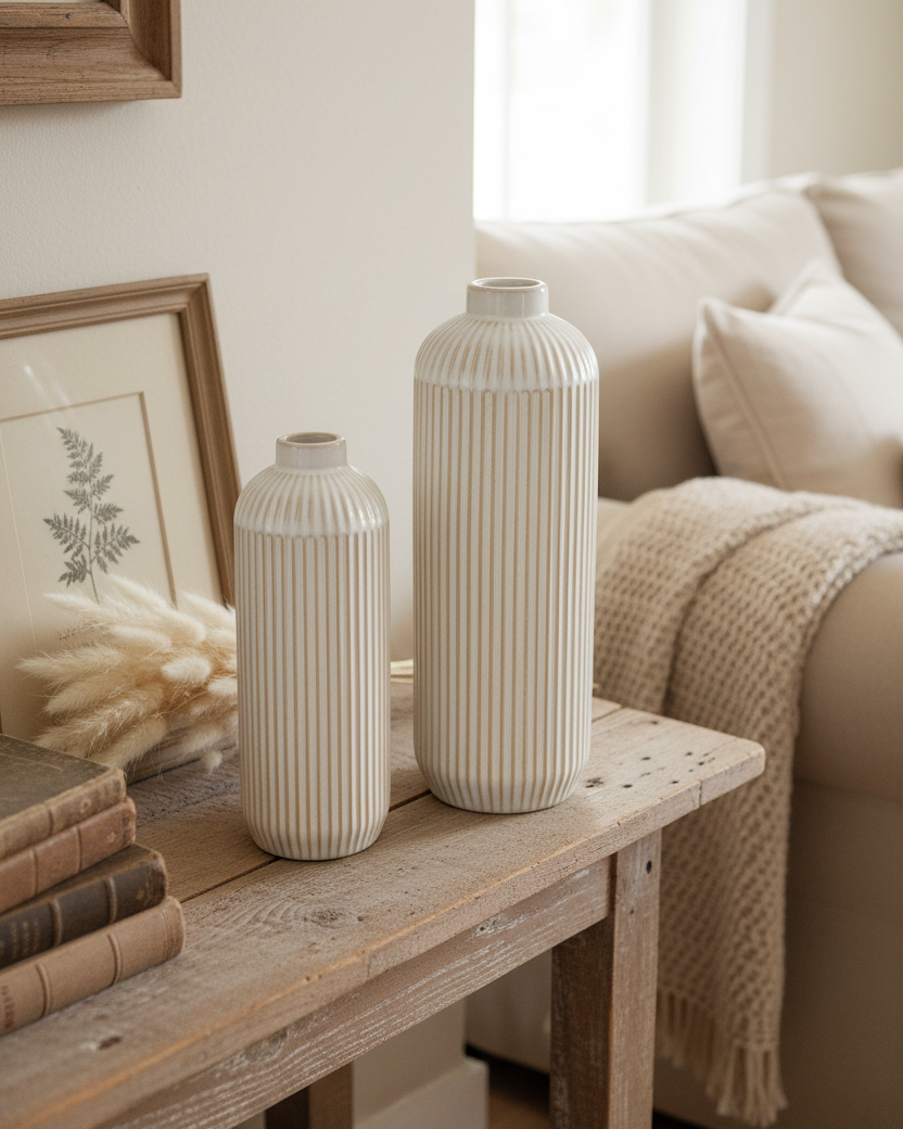 White Line Engraved Ceramic Vase