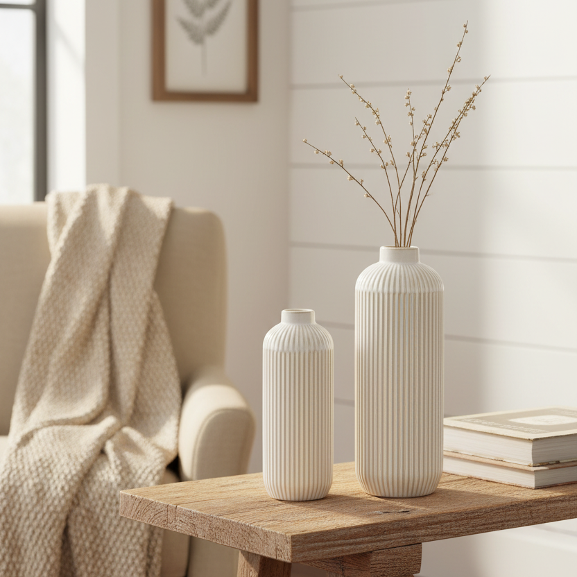 White Line Engraved Ceramic Vase