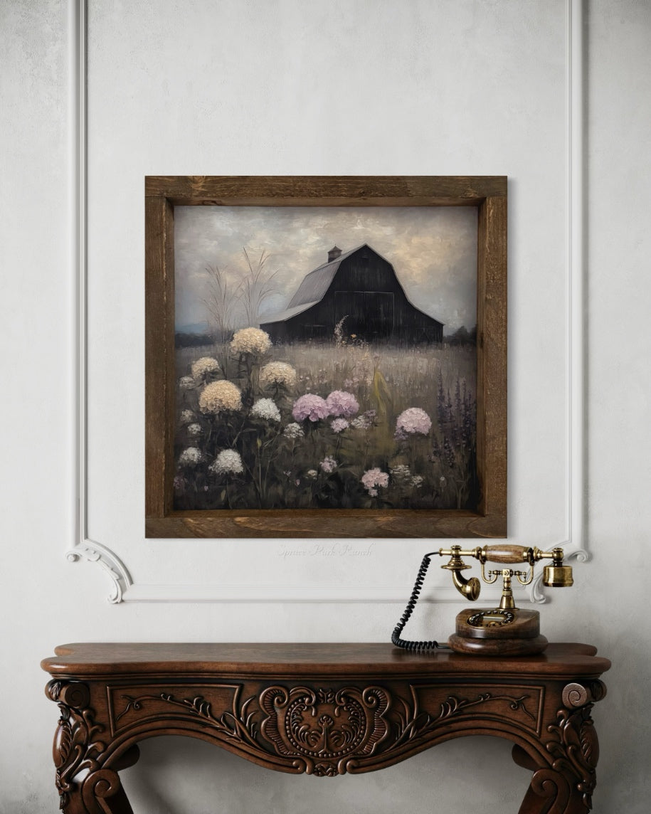 Rustic Barn and Hydrangeas Canvas Print