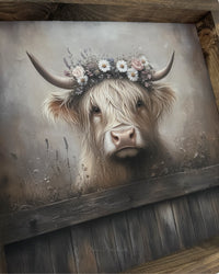 Tan Highland Cow With Floral Wreath Canvas Print