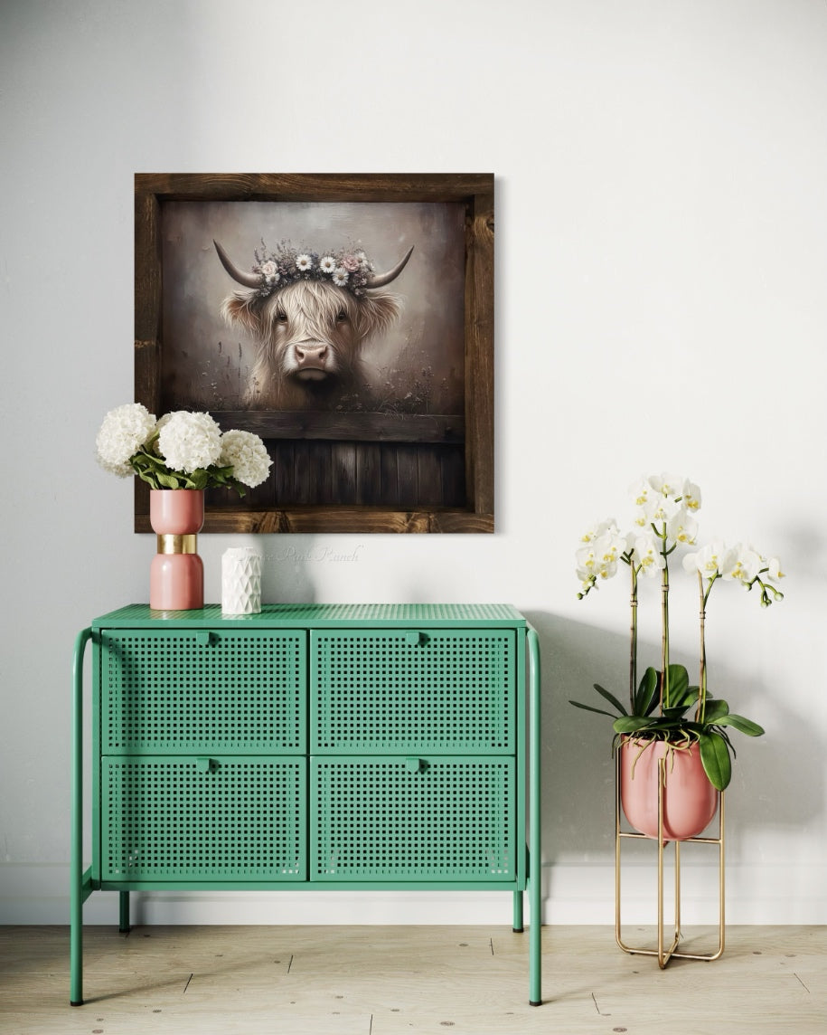 Tan Highland Cow With Floral Wreath Canvas Print