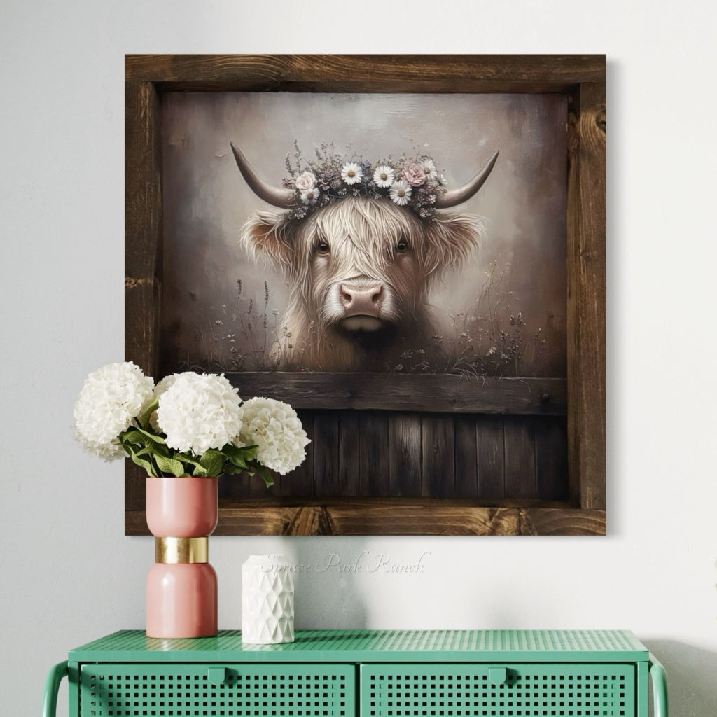 Tan Highland Cow With Floral Wreath Canvas Print
