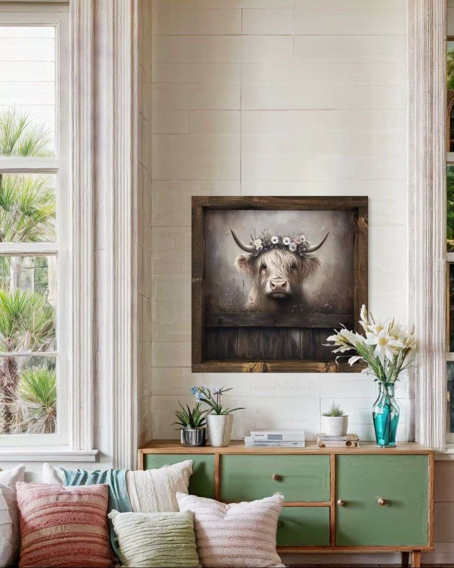 Tan Highland Cow With Floral Wreath Canvas Print