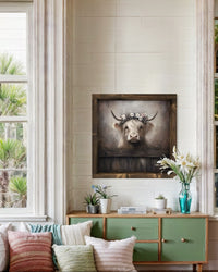 Tan Highland Cow With Floral Wreath Canvas Print