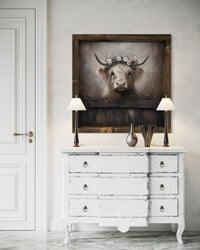 Tan Highland Cow With Floral Wreath Canvas Print