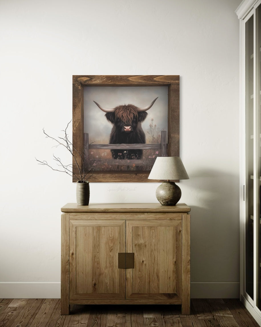 Brown Highland Cow in Field of Flowers Canvas Print
