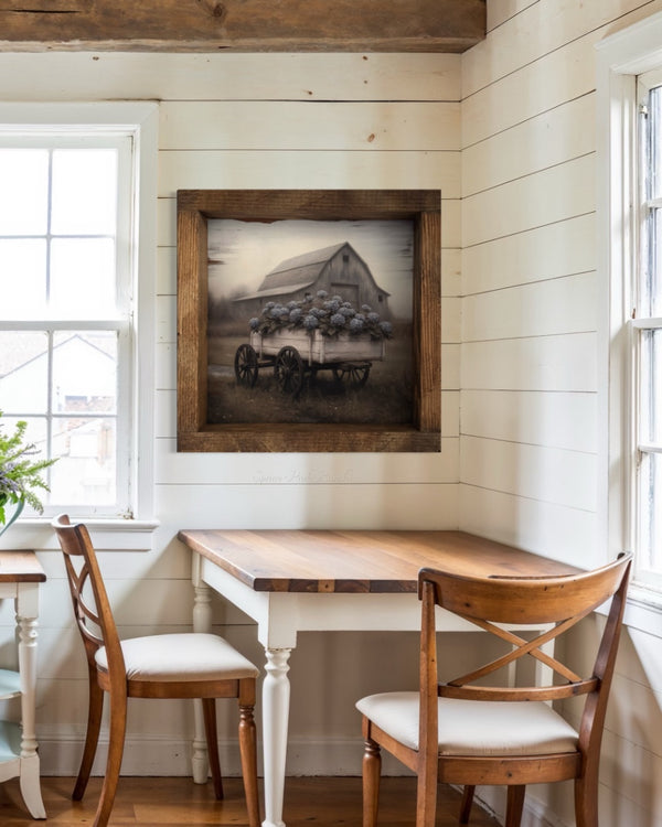 Grey Barn With Blue Hydrangeas Wagon Canvas Print