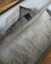 Grey Barn With Blue Iris Flowers Canvas Print 15” x 36”