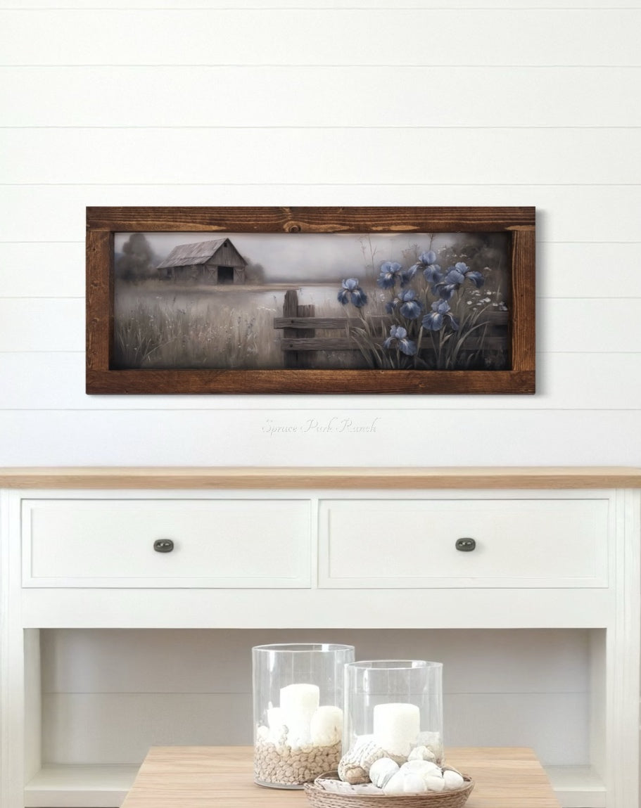 Grey Barn With Blue Iris Flowers Canvas Print 15” x 36”