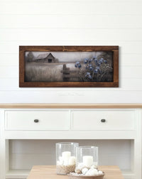 Grey Barn With Blue Iris Flowers Canvas Print 15” x 36”