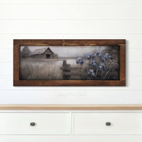 Grey Barn With Blue Iris Flowers Canvas Print 15” x 36”