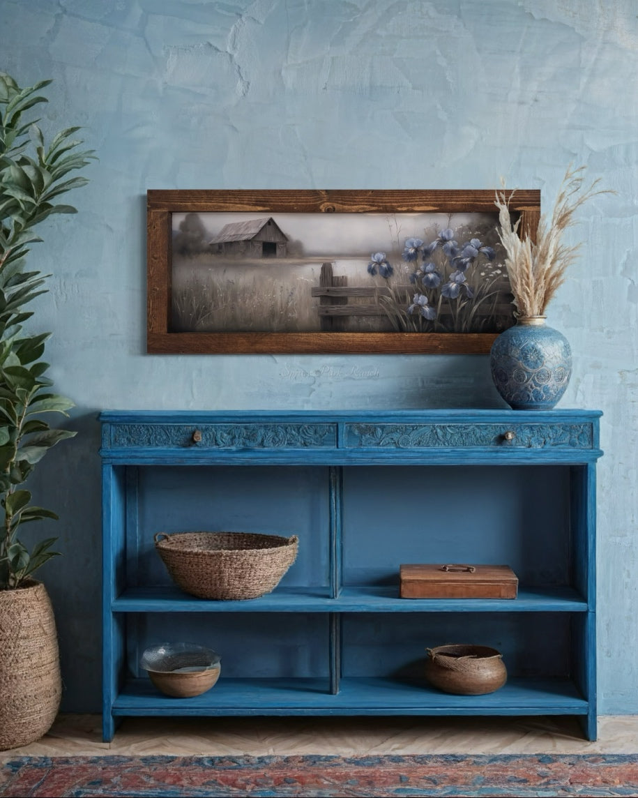 Grey Barn With Blue Iris Flowers Canvas Print 15” x 36”