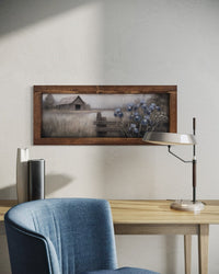 Grey Barn With Blue Iris Flowers Canvas Print 15” x 36”