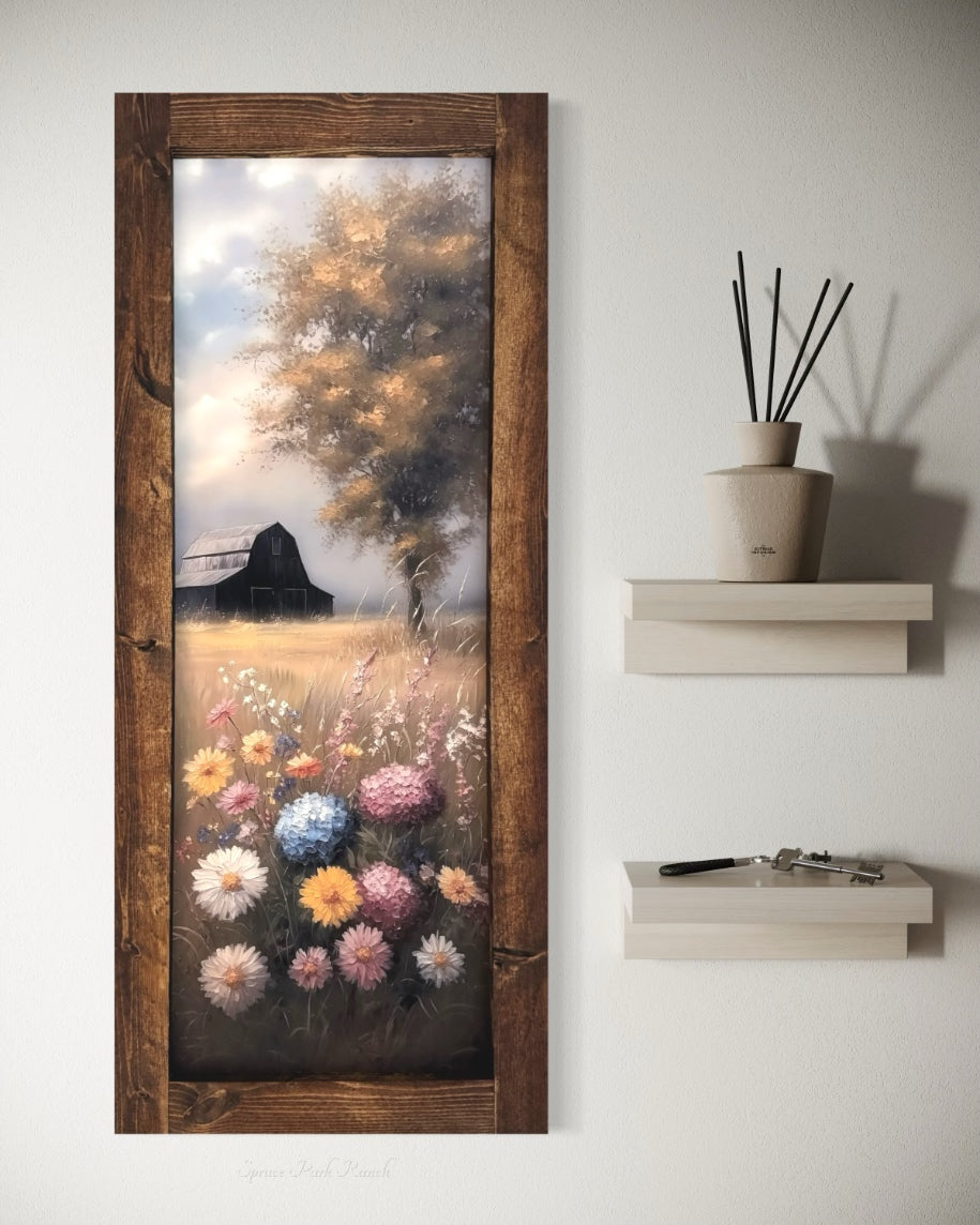 Black Barn and Hydrangea Field Canvas Print 36” x 15”