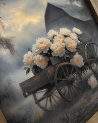 Grey Barn With Cream Flower Wagon Canvas Print