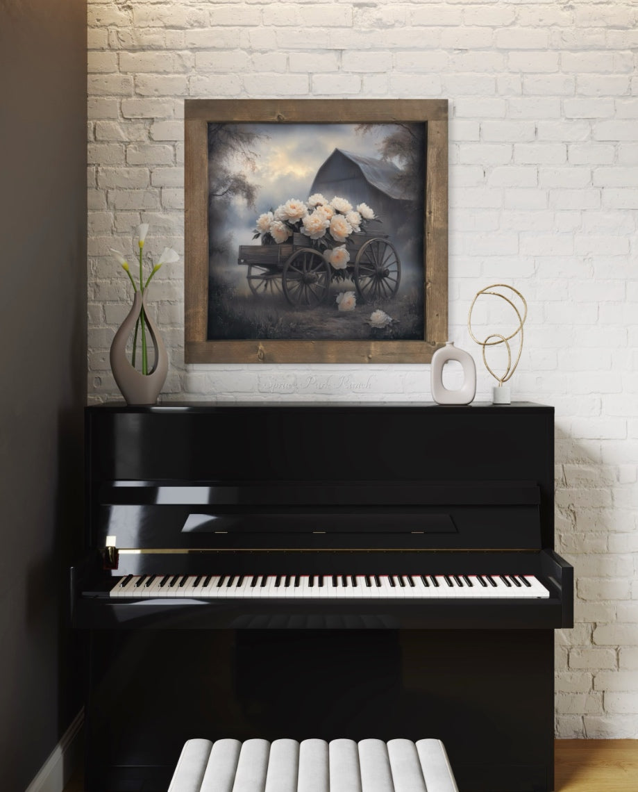 Grey Barn With Cream Flower Wagon Canvas Print