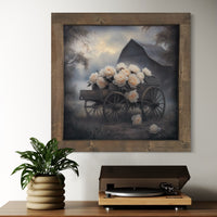 Grey Barn With Cream Flower Wagon Canvas Print